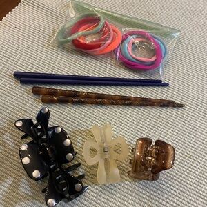 Hair Accessories!  3 clips, 2 sets bun sticks, elastic hair ties